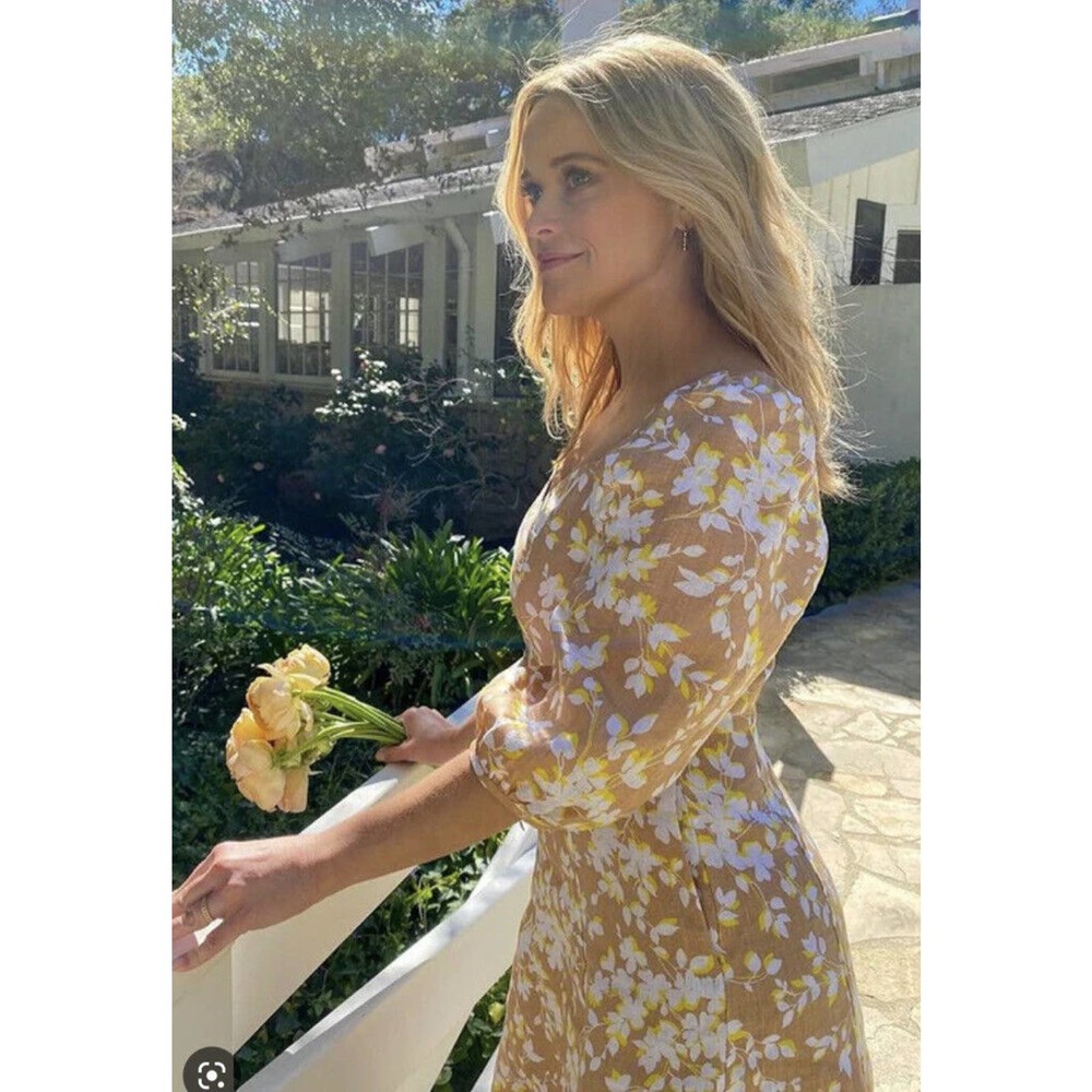 Draper James June Linen Dress in Yellow Shadow Floral Womens Size 18